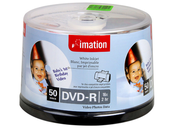 Paquete de 50 DVD-R Imation Imprimibles, 4.7GB/120Min, 16X, Superficie Blanca para Calidad Fotográfica.