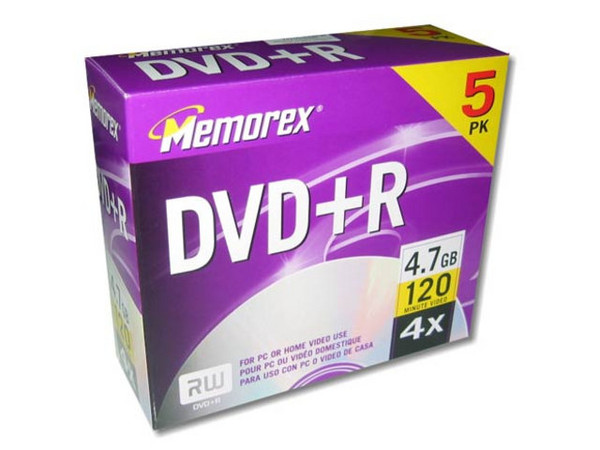 Paquete de 5 DVD+R Grabable Memorex, 4.7GB, 4x.