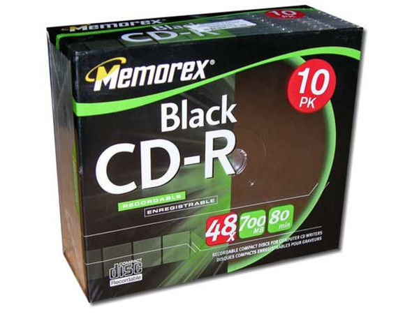 Paquete de CD-R Negros, MEMOREX 700Mb/80Mins, 10 piezas, 48X.