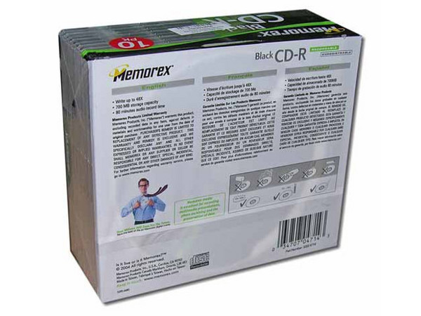 Paquete de CD-R Negros, MEMOREX 700Mb/80Mins, 10 piezas, 48X.