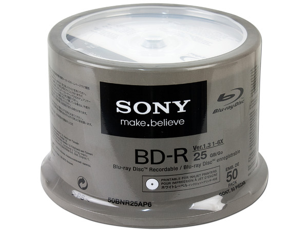 Paquete de 50 Blu-ray Disc BD-R SONY, Superficie imprimible, 25 GB, 6x.