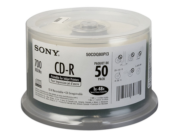 Paquete de 50 CD-R Sony Imprimibles, 700MB/80Min, 48X