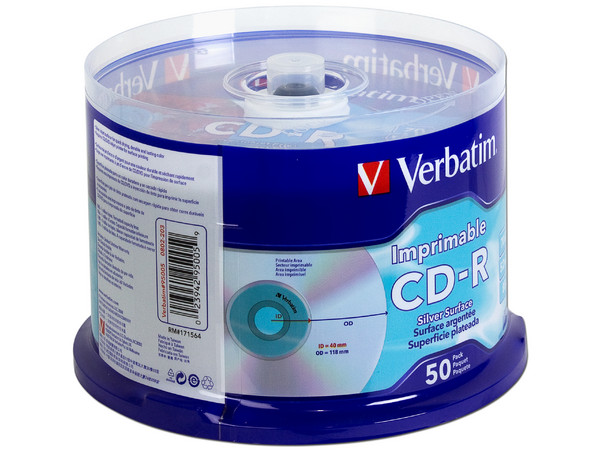 Paquete de 50 CD-R Verbatim Imprimibles, 700 MB, 80Min, 52x, Superficie Plateada para Calidad Fotográfica.