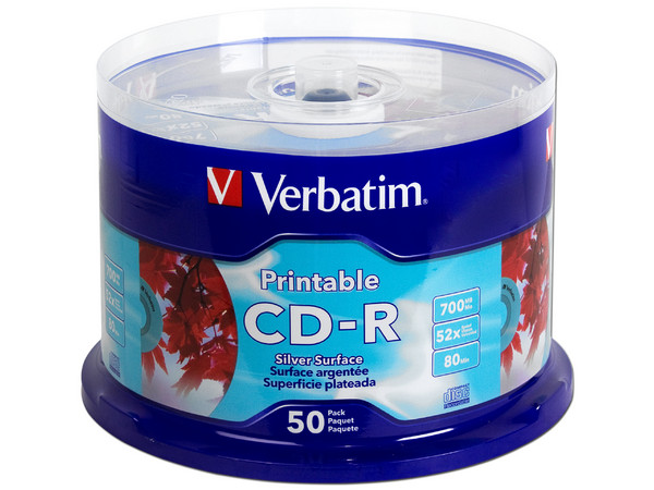 Paquete de 50 CD-R Verbatim Imprimibles, 700 MB, 80Min, 52x, Superficie Plateada para Calidad Fotográfica.