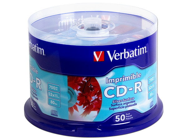 Paquete de 50 CD-R Verbatim Imprimibles, 700 MB, 80Min, 52x, Superficie Plateada para Calidad Fotográfica.