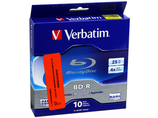 Blu-ray Disc BD-R Verbatim de 25GB, 4X, 10 piezas.