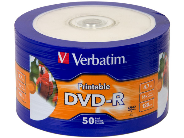 Paquete de 50 DVD-R Imprimible Verbatim 16x, 4.7GB,  Superficie Blanca.