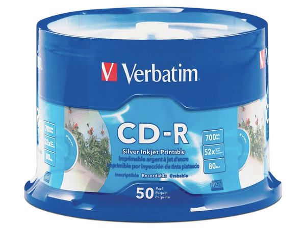 Paquete de 50 CD-R Verbatim Imprimibles, 700MB/80Min, 52X, Superficie Blanca.
