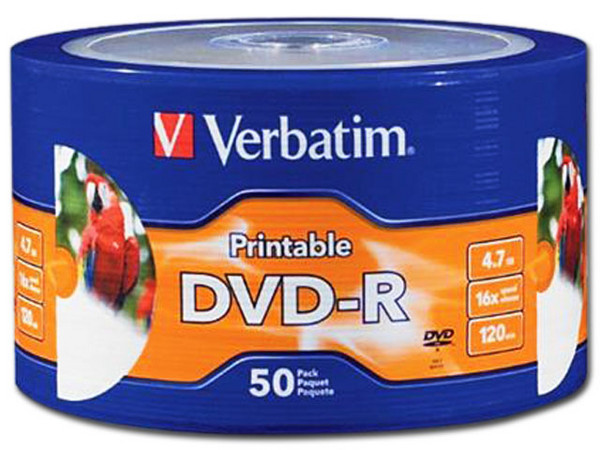 Paquete de 50 DVD-R Verbatim de 4.7 GB, 16x, imprimible.