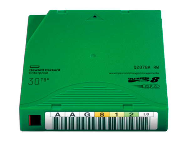 Cartucho de datos regrabable HP LTO8 Ultrium RW de 30TB.
