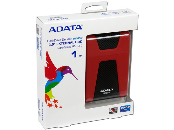 Disco Duro Portátil ADATA DashDrive Durable HD650 de 1 TB, resistente a golpes, USB 3.0.