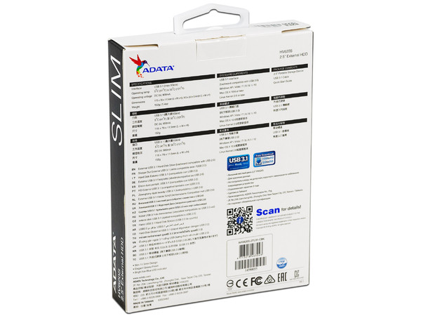 Disco Duro Portátil ADATA SLIM HV620S de 2TB, USB 3.1. Color Negro.