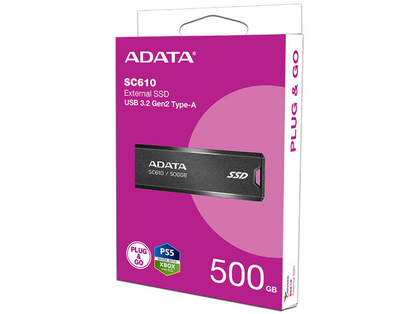Unidad de Estado Sólido Portátil Adata de 500GB, USB 3.2, Lectura de 550 MB/s, Color Negro y Rosa.