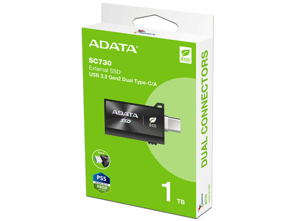 Unidad de Estado Sólido Portatil ADATA SC730-1T-CACTI de 1TB, USB-C Gen. 2, Color Negro.