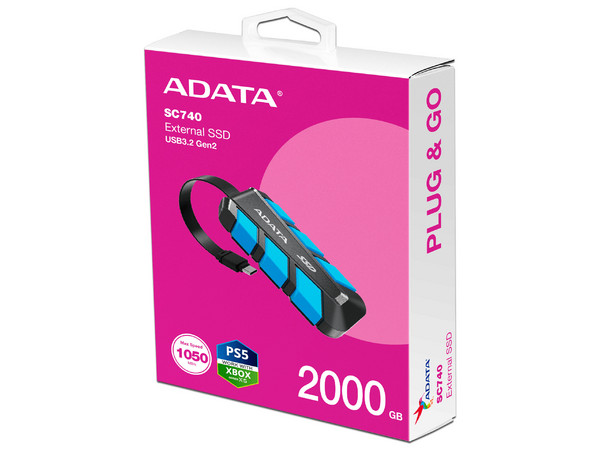 Unidad de Estado Sólido Externo ADATA SC740 de 2TB, USB 3.2 Tipo C, Color Azul.