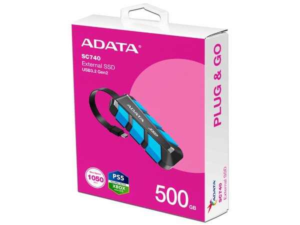 Unidad de Estado Sólido Portátil ADATA SC740 de 500GB, USB 3.2, Color Azul.