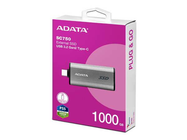 Unidad de Estado Sólido Portátil ADATA SC750 de 1TB, Velocidad de Lectura de 1050MB/s, Velocidad de Escritura de 1000MB/s, USB-C 3.2 Gen 2. Color Gris.