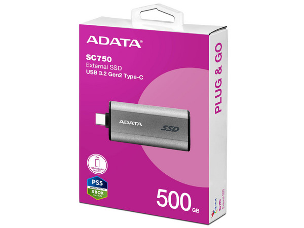 Unidad de Estado Sólido Portátil ADATA SC750 de 500GB, USB C, Color Negro.