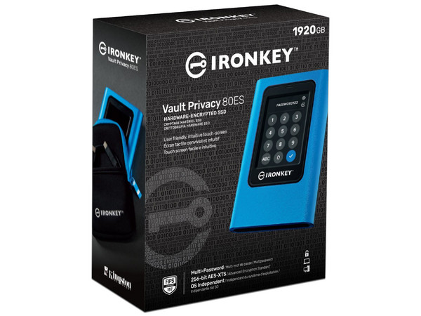 Unidad de Estado Sólido externo Kingston IKVP80ES, Certificación FIPS 197 y modo de cifrado XTS-AES de 256 bits, de 1.92 TB, USB 3.2. Color Azul.