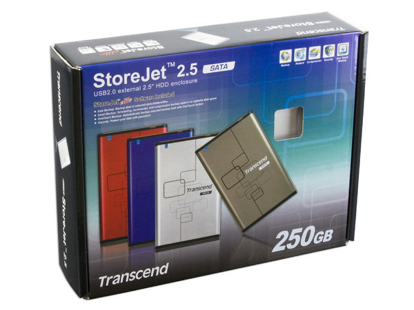 Disco Duro SATA Externo Transcend StoreJet 2.5 de 250 GB, USB 2.0. Color Plateado