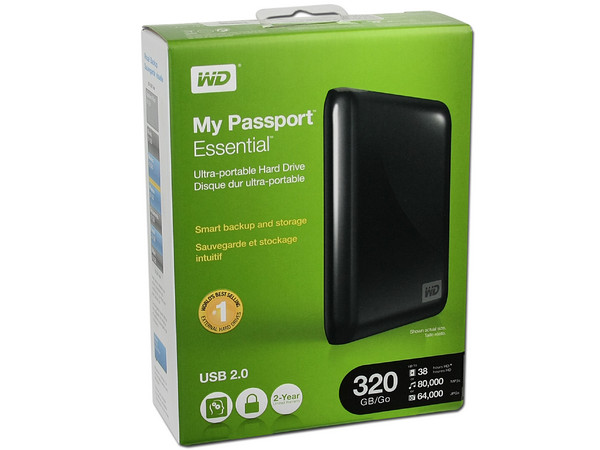 Disco Duro Portable Western Digital Passport Essential de 320GB, USB 2.0. Color Negro
