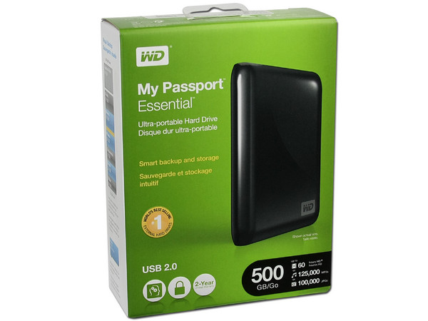 Disco Duro Portable Western Digital Passport Essential de 500GB, USB 2.0. Color Negro
