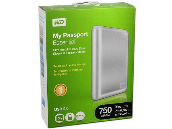 Disco Duro Portable Western Digital Passport Essential SE de 750GB, USB 2.0. Color Plateado