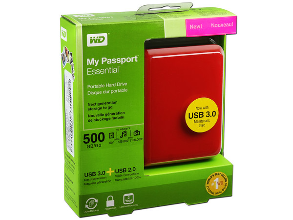 Disco Duro Portátil Western Digital My Passport Essential de 500 GB, USB 3.0. Color Rojo