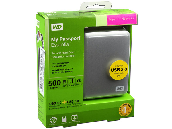 Disco Duro Portable Western Digital My Passport Essential de 500GB, USB 3.0. Color Plata