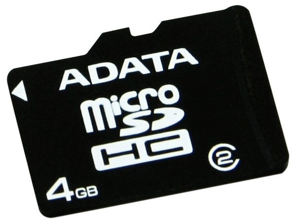 Memoria ADATA microSDHC de 4GB, incluye micro lector USB.