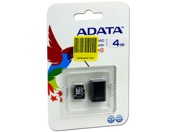 Memoria ADATA microSDHC de 4GB, incluye micro lector USB.