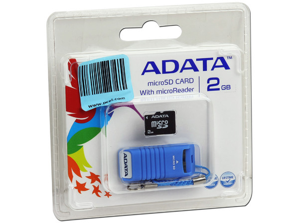 Memoria ADATA Super microSD de 2GB, incluye lector USB. Color Azul