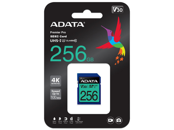 Memoria Adata Premier Pro SDXC UHS-I U3 Class 10 (V30S) de 256 GB, clase 10.