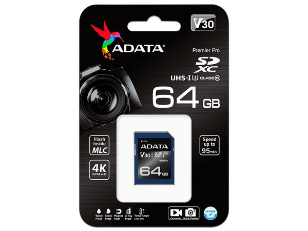 Memoria ADATA SDXC UHS-1 U3 de 64 GB, Clase 10.