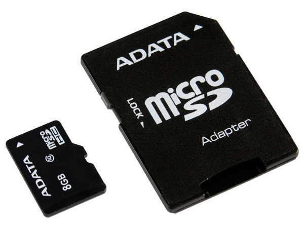 Memoria Adata MicroSDHC de 8GB Clase 10, incluye adaptador SD.