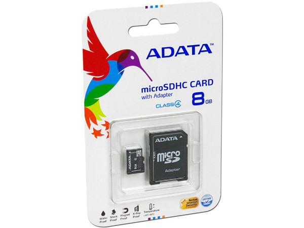 Memoria ADATA microSDHC de 8 GB Clase 4, incluye adaptador SD.