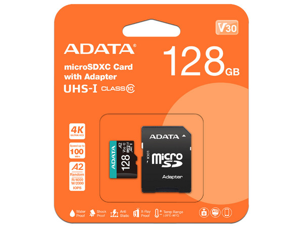 Memoria ADATA Premier Pro MicroSDXC UHS-I U3 de 128GB, Clase 10.