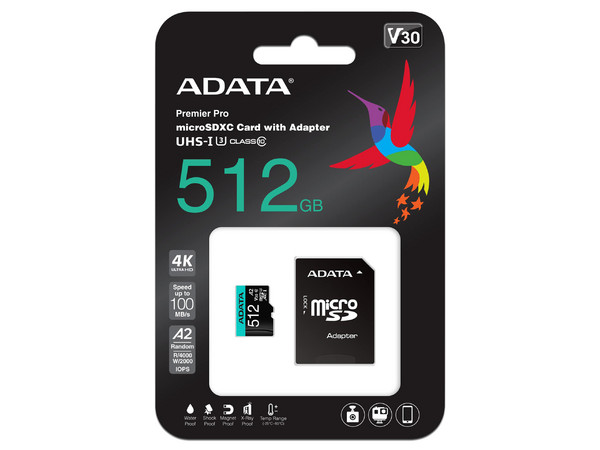 Memoria ADATA Premier Pro microSDXC UHS-I U3 de 512 GB, clase 10, incluye adaptador SD.