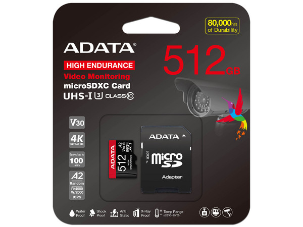 Memoria ADATA High Endurance microSDXC UHS-I U3 V30 de 512 GB, clase 10, incluye adaptador SD.
