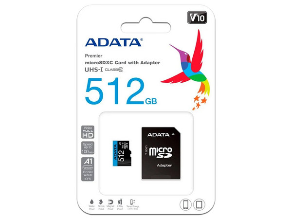 Memoria ADATA Premier microSDXC UHS-I de 512 GB, clase 10, incluye adaptador SD.