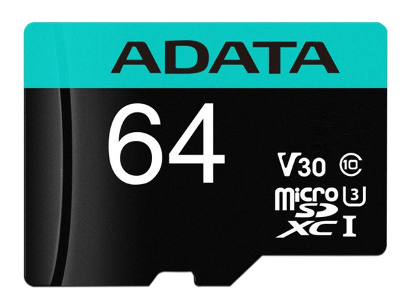 Memoria ADATA Premier Pro MicroSDXC UHS-1 U3 V30 de 64GB, Clase 10, incluye adaptador SD.