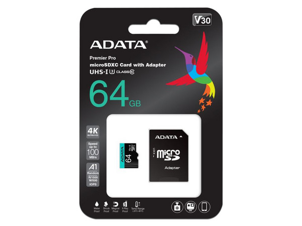 Memoria ADATA Premier Pro MicroSDXC UHS-1 U3 V30 de 64GB, Clase 10, incluye adaptador SD.