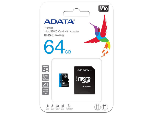Memoria MicroSDHC UHS-1 ADATA Premier de 64GB, Clase 10, incluye adaptador SD.