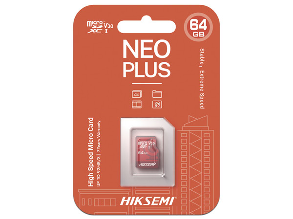 Memoria Hiksemi MicroSDXC UHS-l de 64 GB, Especializada Para Videovigilancia, Clase 10.
