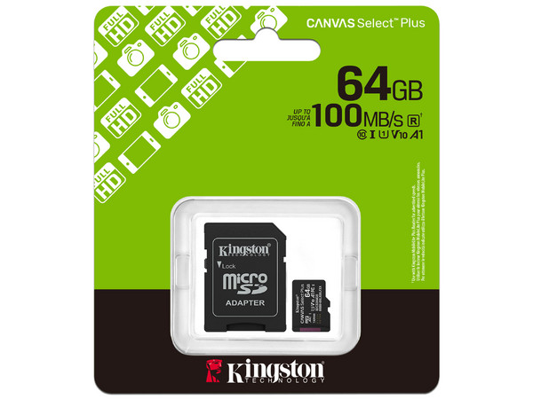 Memoria Flash, Kingston, SDCS3/64GB 64GB MicroSDXC UHS-I Clase 10 con Adaptador.