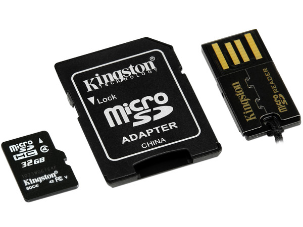 Memoria Kingston MicroSDHC de 32GB Clase 4, incluye adaptador SD y lector de tarjetas MicroSD USB 2.0.
