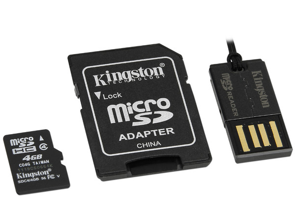 Memoria Kingston microSDHC de 4GB Clase 4, incluye adaptador SD y lector de tarjetas microSD USB 2.0
