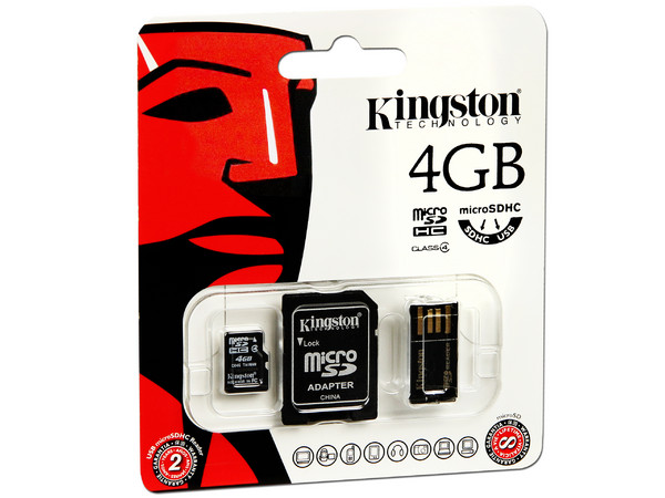 Memoria Kingston microSDHC de 4GB Clase 4, incluye adaptador SD y lector de tarjetas microSD USB 2.0