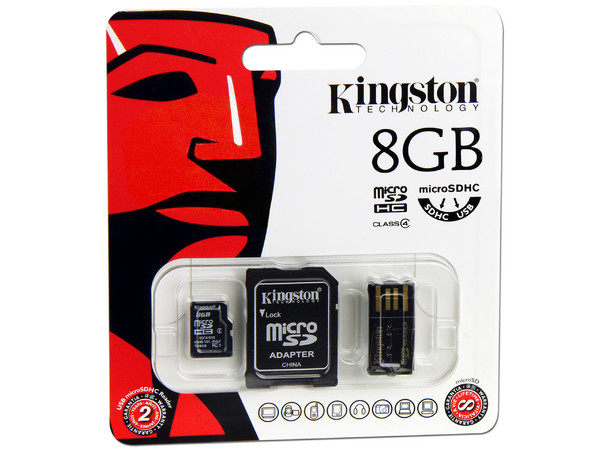 Memoria Kingston microSDHC de 8GB Clase 4, incluye adaptador SD y lector de tarjetas microSD USB 2.0