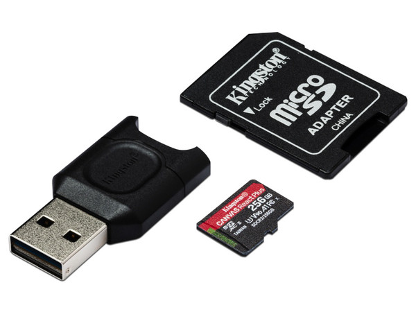 Memoria Kingston Canvas React Plus MicroSDXC UHS-II U3 de 256 GB, Clase 10, Incluye Adpatador SD y USB.